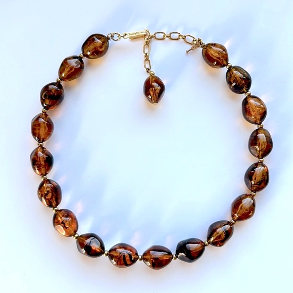 Crown Trifari Necklace Faux Tortoise Shell Amber Lucite Beads 15” Choker - Picture 4 of 7